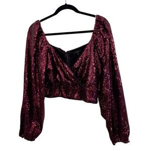 LuLus Sequin of Events  Cropped Blouse XL Top Wrap Look Deep V-neck Holidays